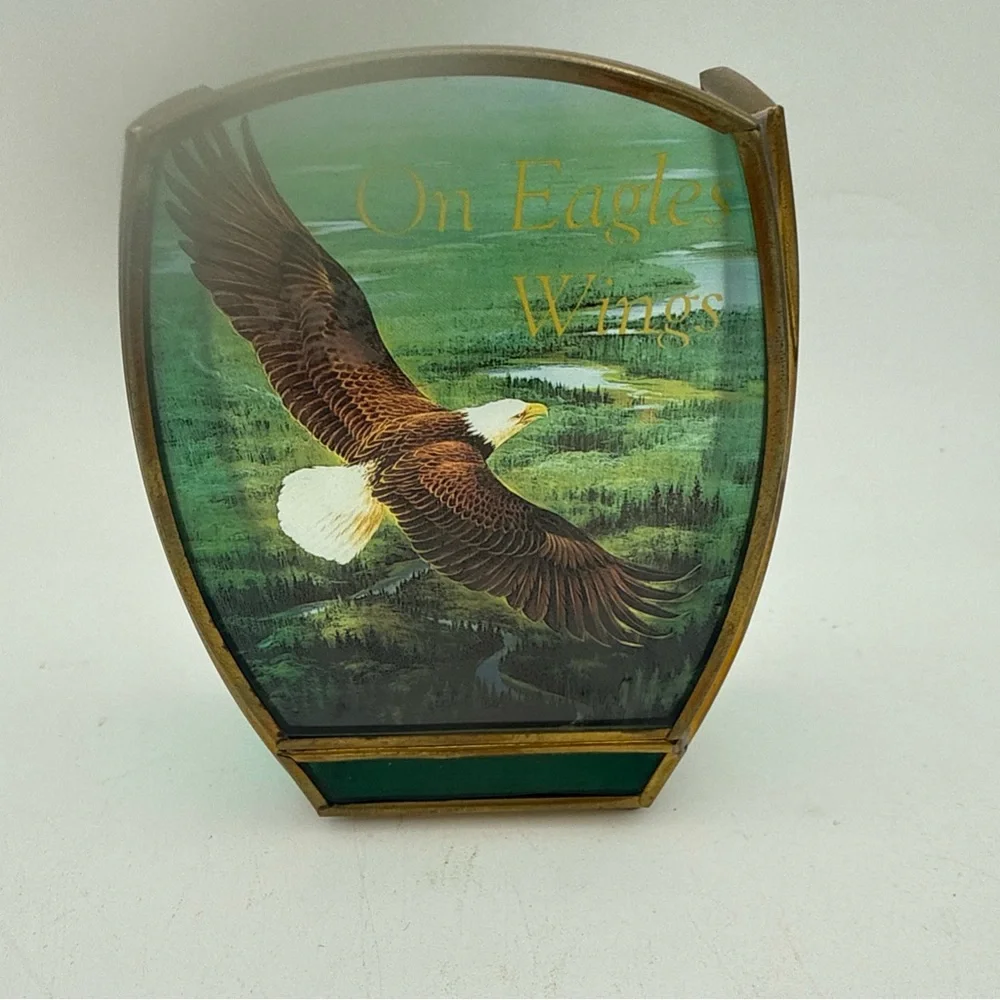 Enesco Stained Glass w/ brass Panel Candle Holder Bald Eagle on Eagles Wings